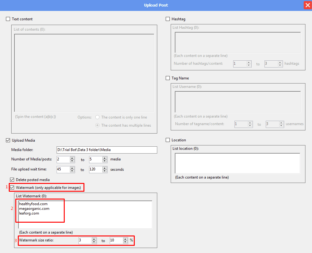 upload post - upload media - watermark - threads auto bot