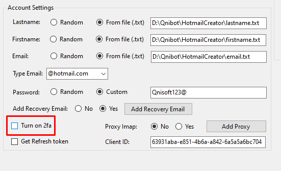 Không bật 2FA cho các tài khoản trong phần mềm tạo Outlook