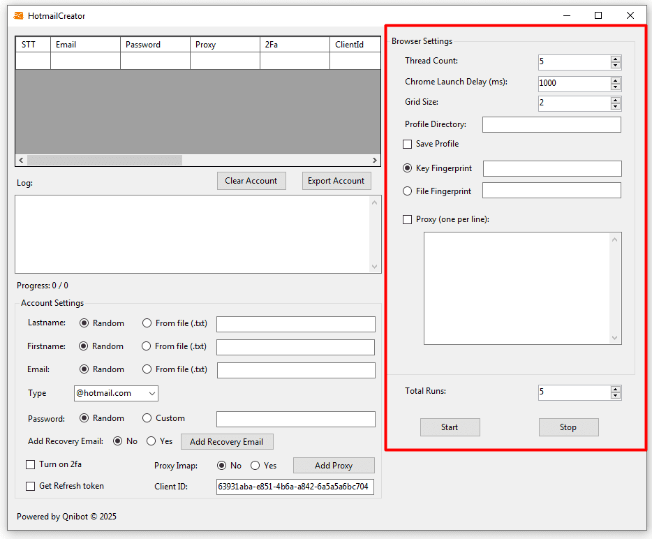 browser settings - outlook account creator