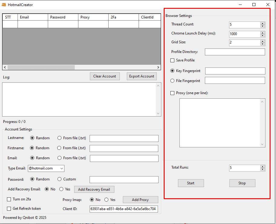 Browser Settings - Phần mềm tạo Outlook