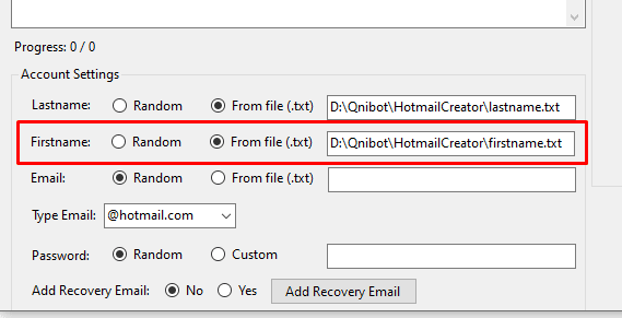 Dẫn file lưu tên vào phần mềm tạo Hotmail