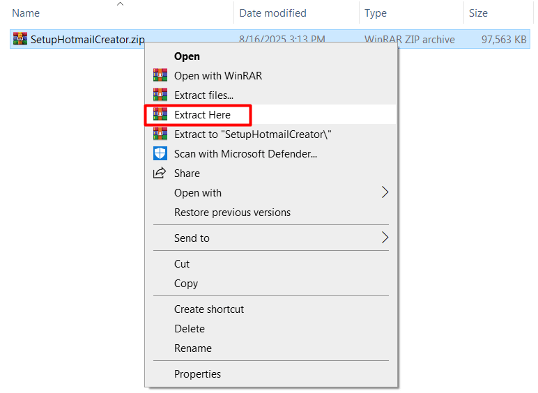 outlook account creator - extract file