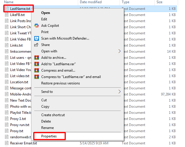 last name - from file  - properties - outlook account creator