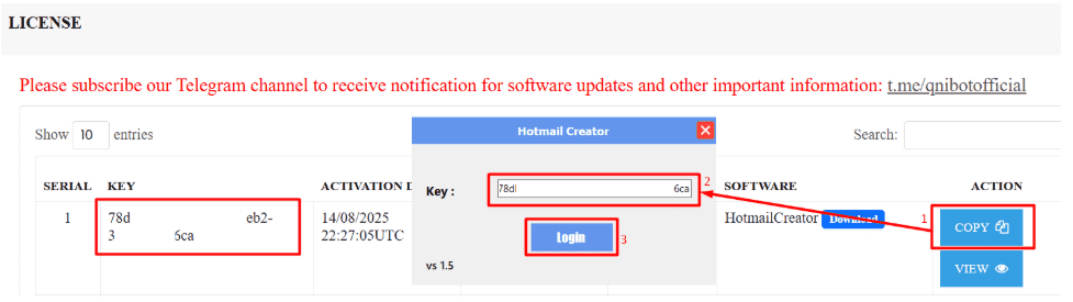 Nhập key để mở phần mềm tạo Outlook tự động
