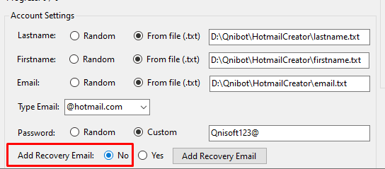 Không thêm email khôi phục trong phần mềm tạo Outlook