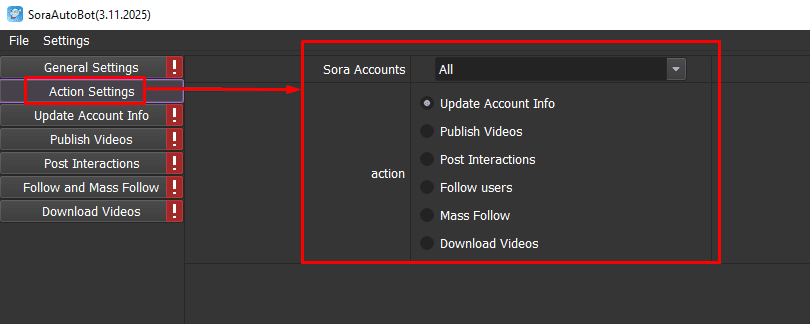 Action Settings - Phần mềm auto Sora