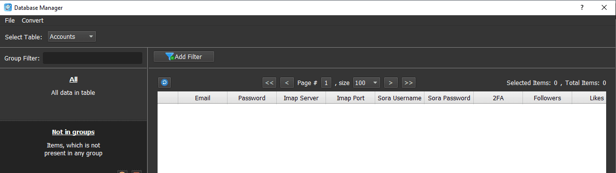 Bảng quản lý tài khoản trong phần mềm auto Sora