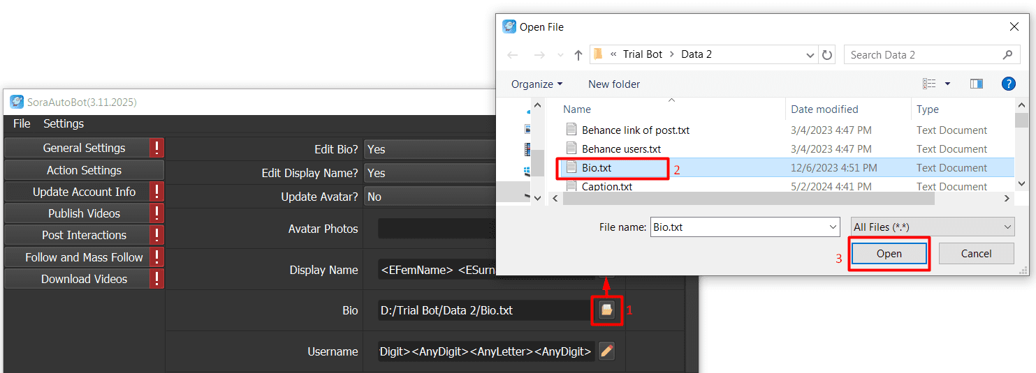 update account info - edit bio file - sora software