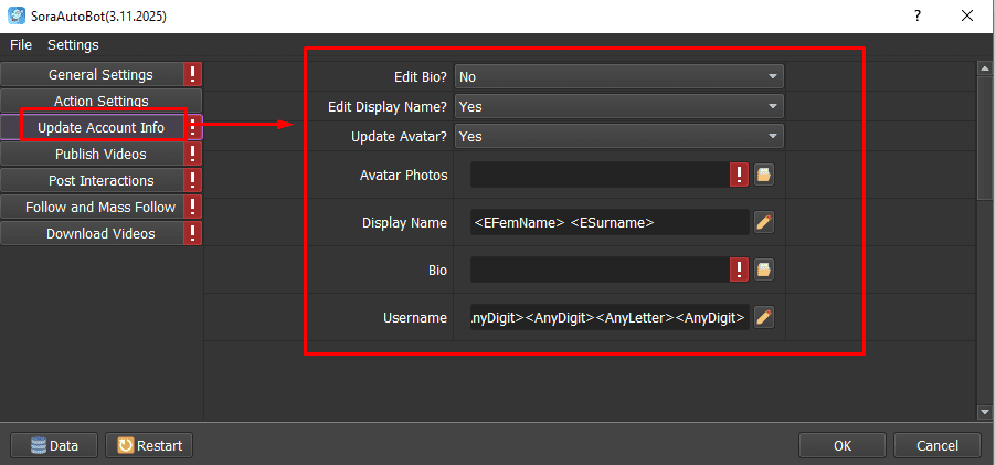 Cài đặt chức năng Update Accounts Info trong phần mềm auto Sora