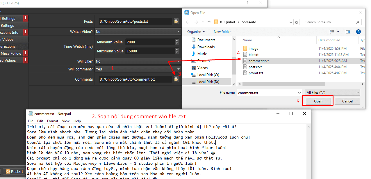 Comment video - Phần mềm auto Sora