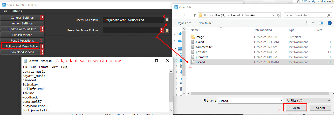 Dẫn file user vào phần mềm auto Sora