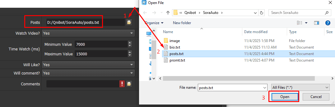 Dẫn file lưu link video vào phần mềm auto Sora