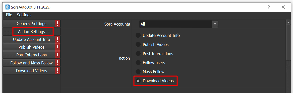 download videos - action - Sora automation software