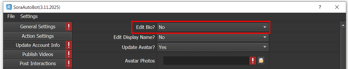 update account info - edit bio- no - sora software