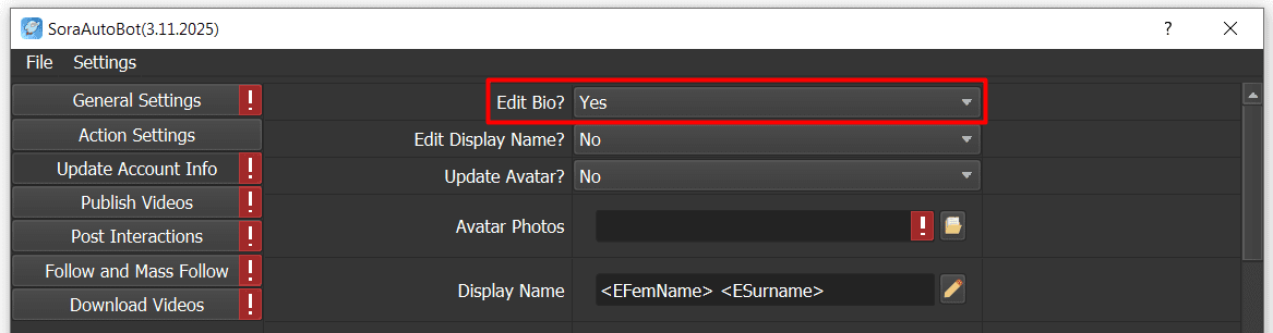 edit bio - Sora automation software
