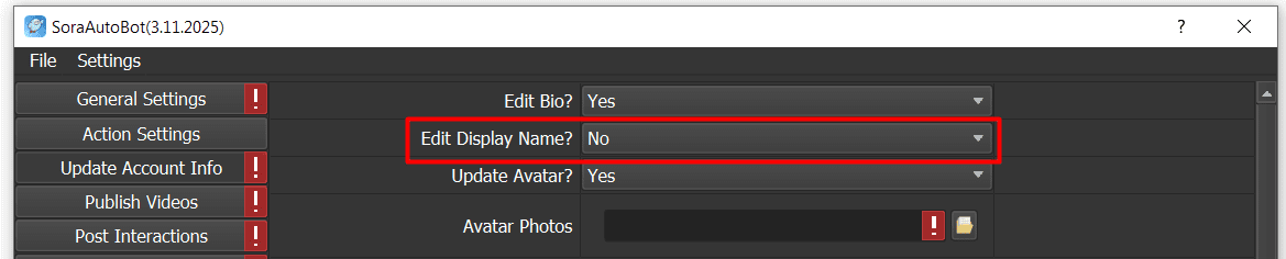 update account info - edit display name - no - sora software