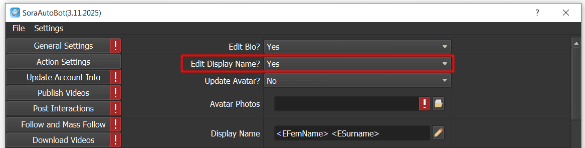 update account info - edit display name - yes - sora software