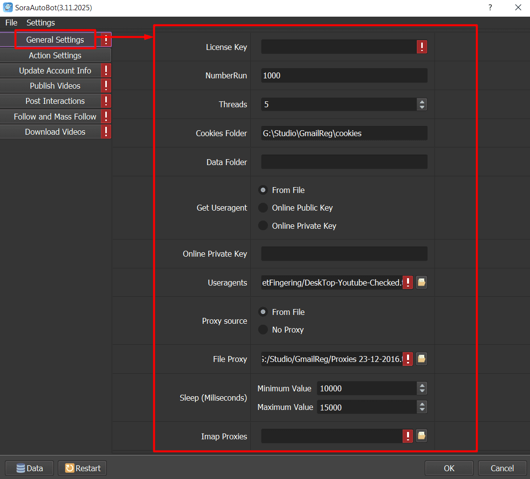 general settings - sora automation software