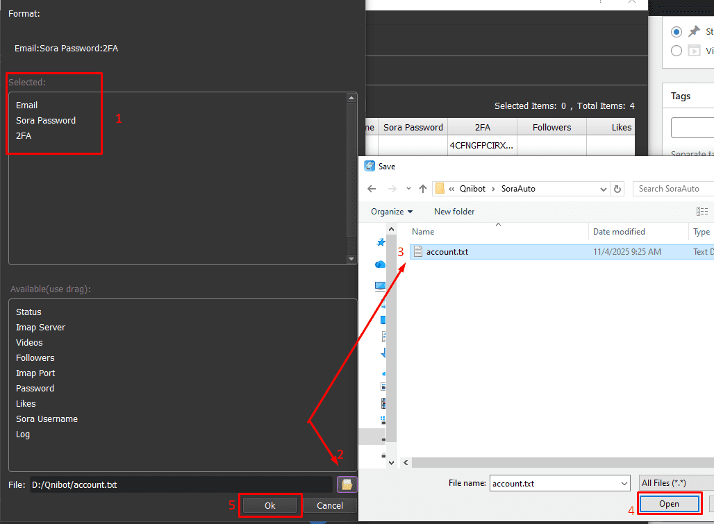 Dẫn file tài khoản vào phần mềm auto Sora