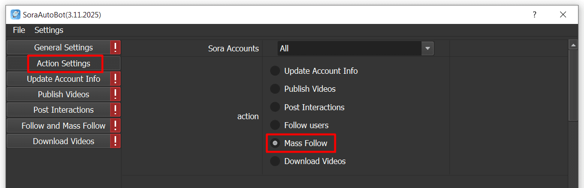 mass follow - action - sora auto tool