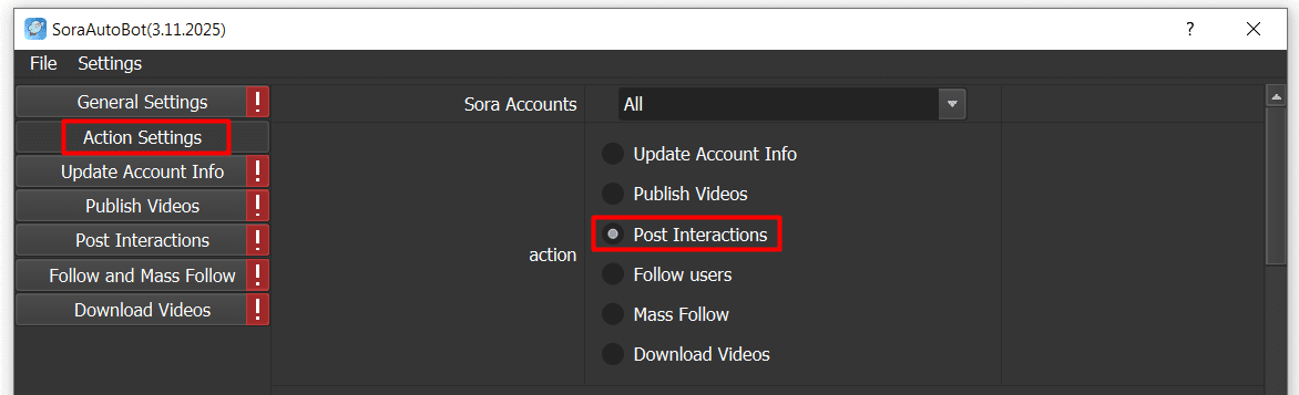 post interactions - action - sora auto bot