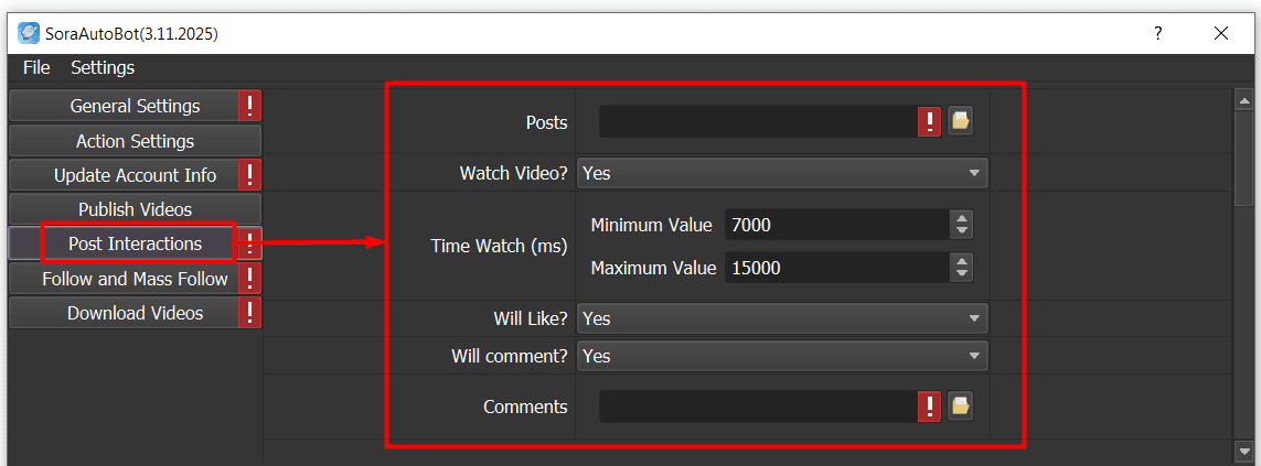post interactions - sora auto bot