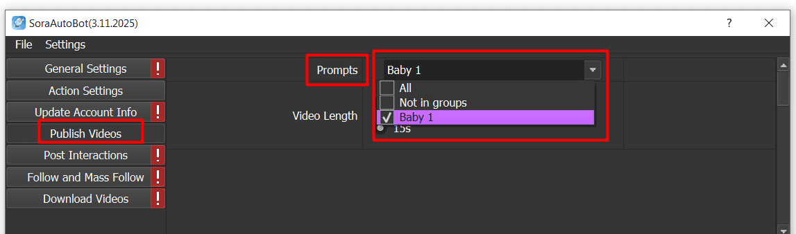 publish video - prompts - choose group of data - sora automation bot