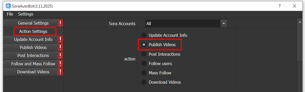 publish video - action- sora automation bot
