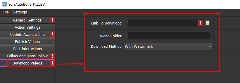 Cài đặt chức năng tải video - Phần mềm auto Sora