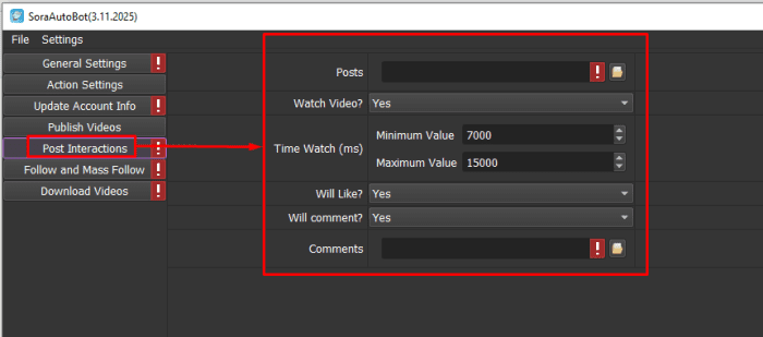 Cài đặt chức năng post interactions - Phần mềm auto Sora
