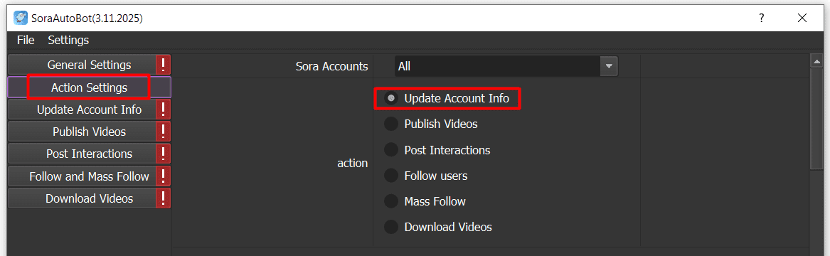 Update Account Info -action - sora auto bot