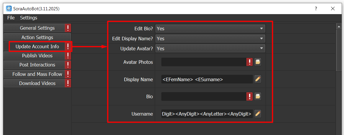 update account info - sora auto tool