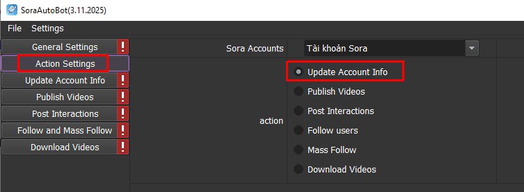 Update Accounts Info - Phần mềm auto Sora