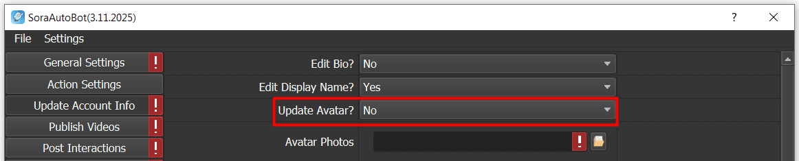 update account info - update avatar - no - sora software
