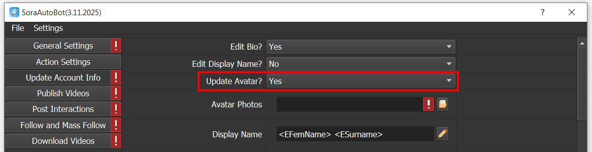update account info - update avatar - yes - sora bots