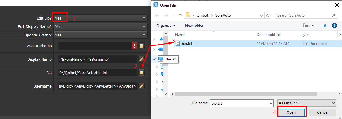 Cập nhật bio - Phần mềm auto Sora