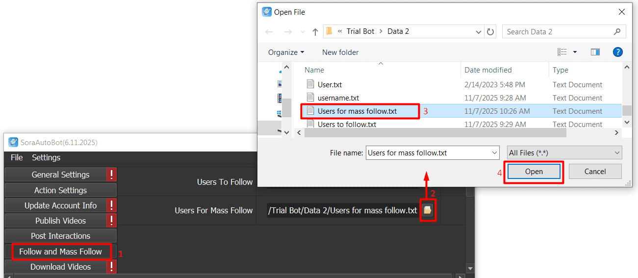 users to mass follow - Sora automation software