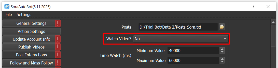 post interactions - watch video - no - sora auto bot
