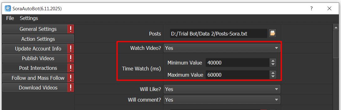 post interactions - watch video - yes - sora auto bot