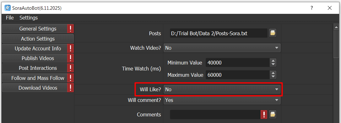 post interactions - will like - no - sora auto bot