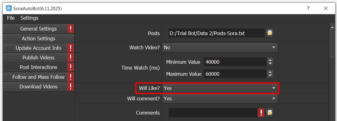 post interactions - will like - yes - sora auto bot